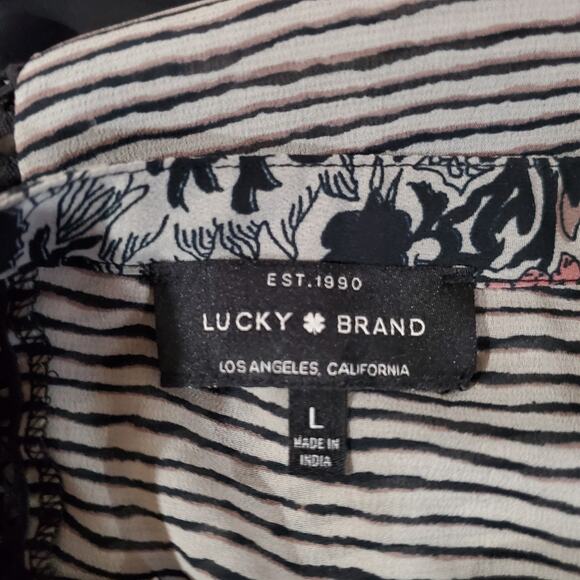 Lucky Brand Floral Sheer Stripe 3/4 Bell Sleeve Tie Peasant Blouse Size L Boho - Picture 7 of 9